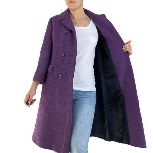 Vintage 80s 1980s Wool Purple Peacoat Double Breasted Women Size Medium Classic - Picture 2 of 12